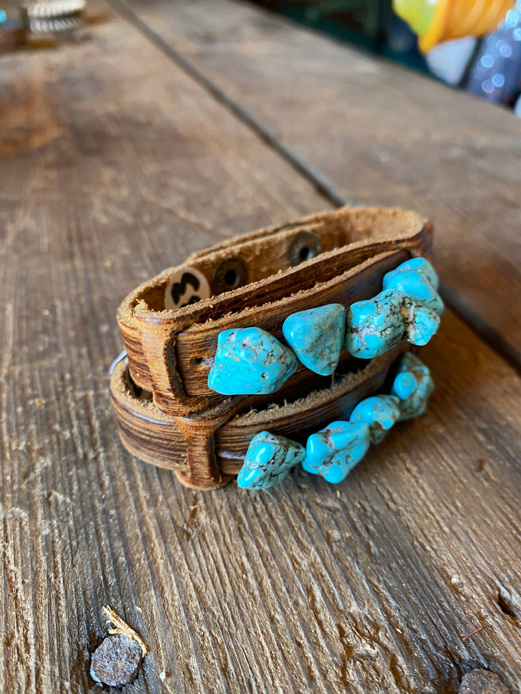 Dusty Leather Narrow Cuff with Seafoam Green Turquoise Chunks 011i