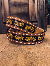 Load image into Gallery viewer, Sunflower  leather belt with white buck stich
