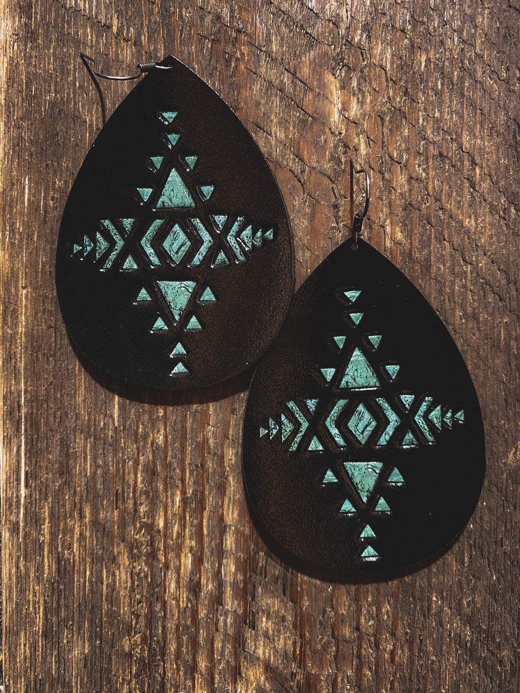 Faux leather turquoise and black drop earrings