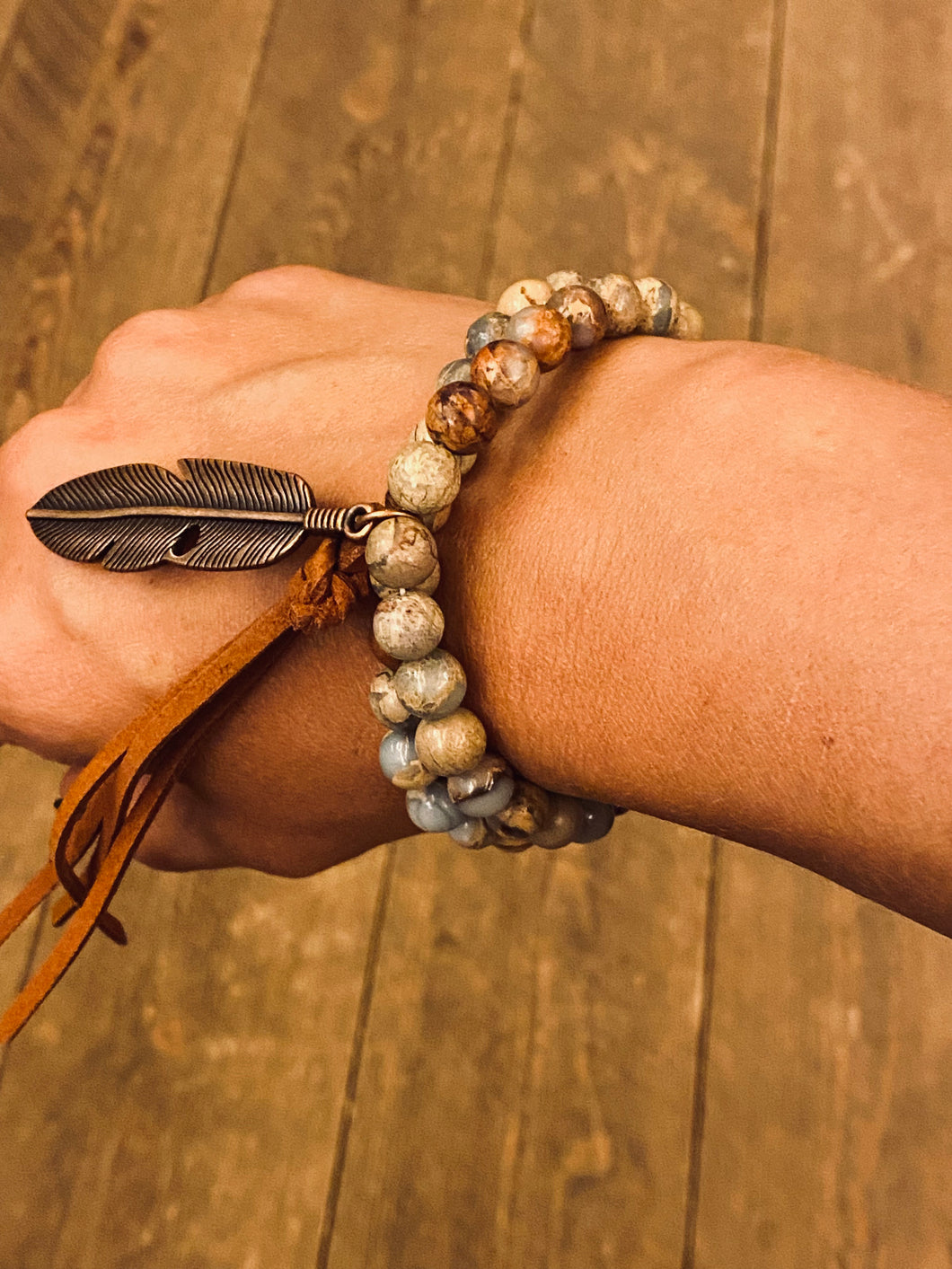 Crazy Agate Double Strand Bracelet w/ Tassel and Feather