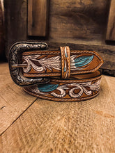 Load image into Gallery viewer, Tickled turquoise tooled belt
