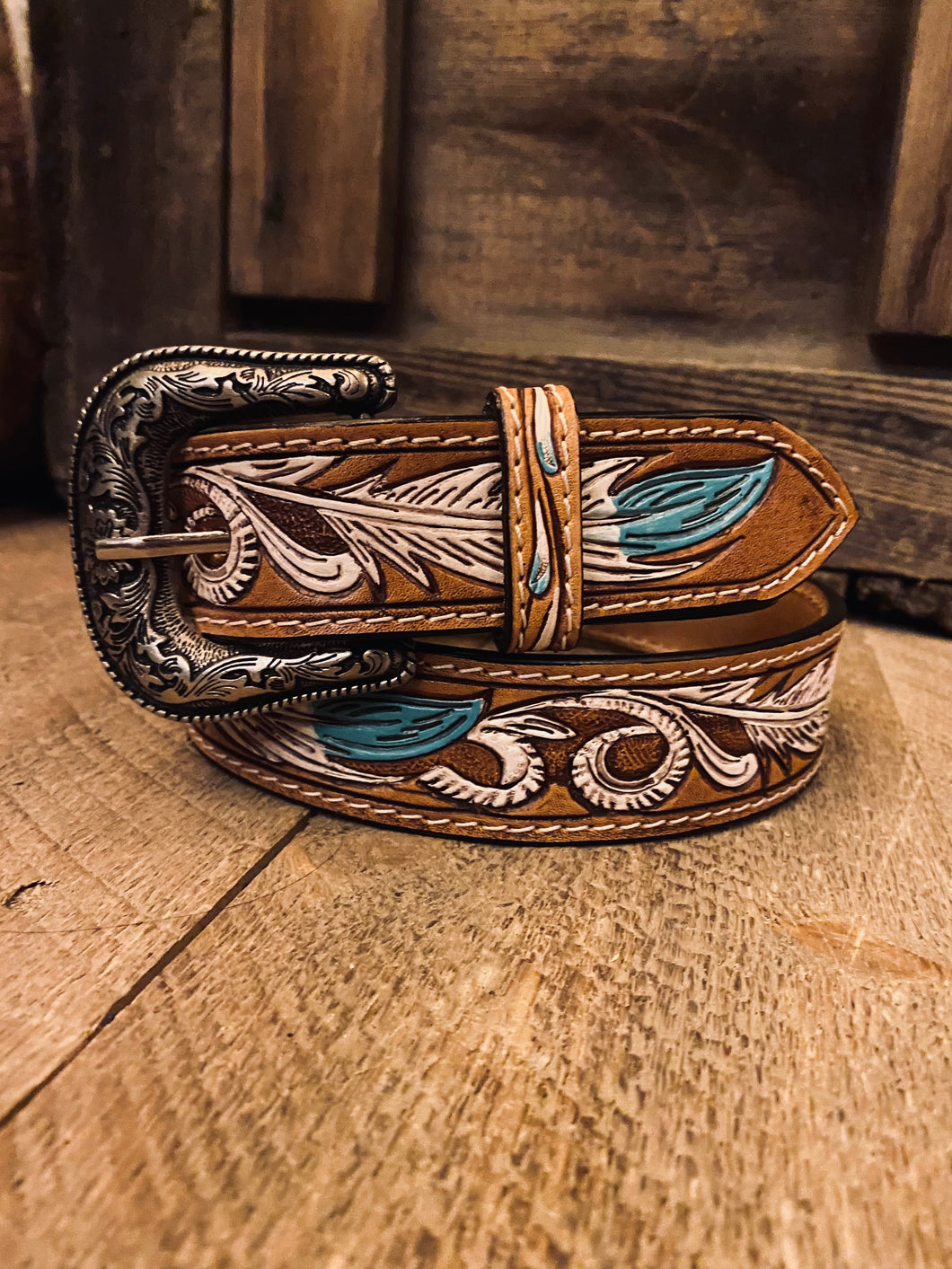 Tickled turquoise tooled belt