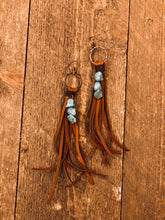 Load image into Gallery viewer, Suede fringe earrings with turquoise chunks

