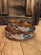 Load image into Gallery viewer, Tickled turquoise tooled belt
