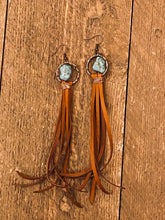 Load image into Gallery viewer, Turquoise drop earrings with suede leather tassels
