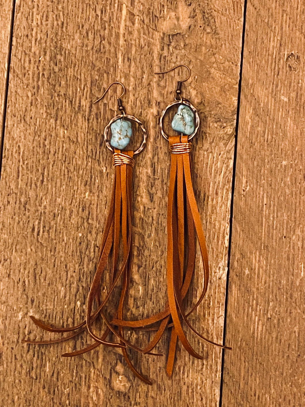 Turquoise drop earrings with suede leather tassels