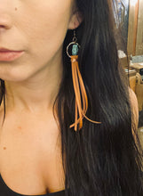 Load image into Gallery viewer, Turquoise drop earrings with suede leather tassels
